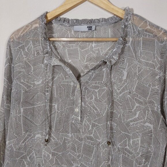 Anine Bing Semi-Sheer Chiffon Blouse Ruffled High Neck Tie - Good Cond - Med - Picture 4 of 10